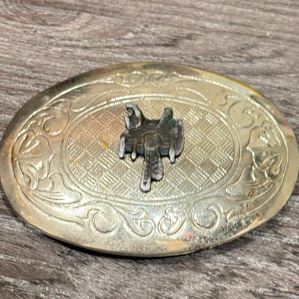 Vintage Western Saddle Belt Buckle Silver Tone Engraved Oval Made in USA